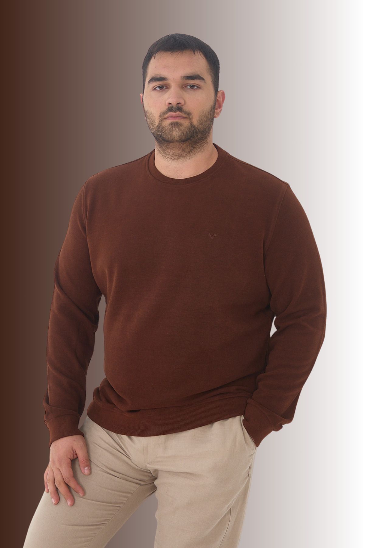 Erkek Kışlık Bisiklet Yaka Battal Basic Kiremit Sweatshirt
