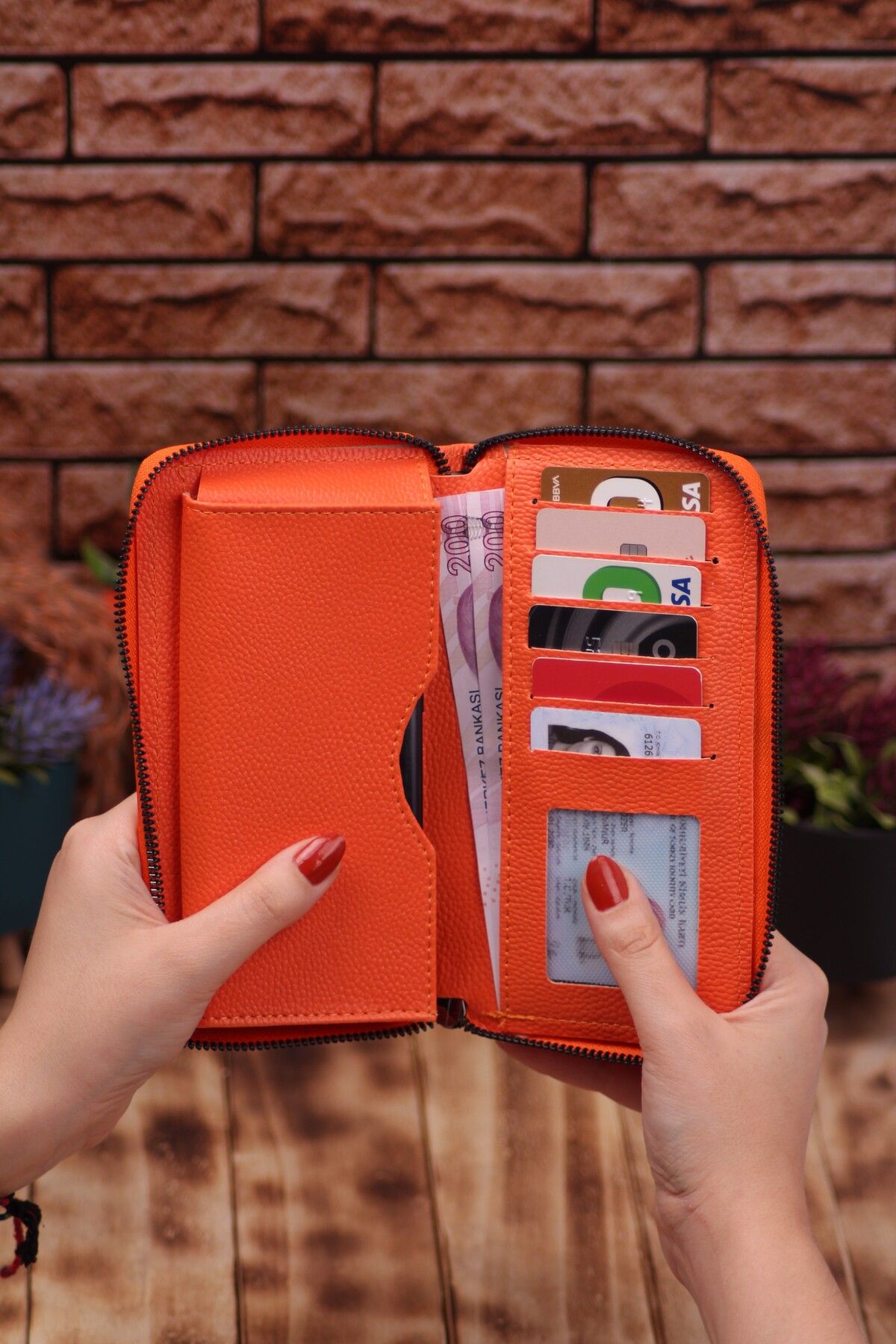 ANDİFLİ-Unisex Leather Portfolio Card Holder Long Wallet with Orange Phone Compartment 3