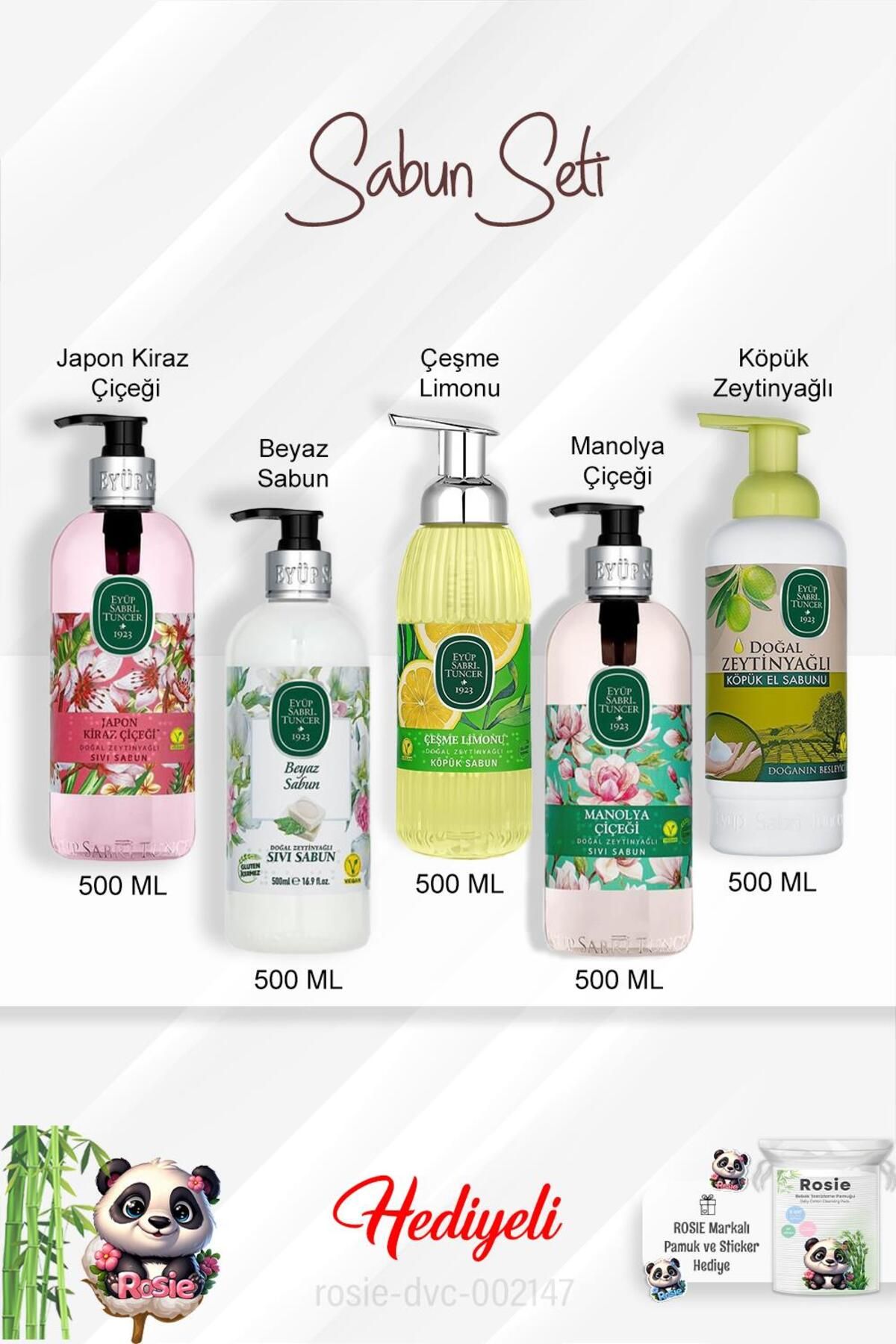 Eyüp Sabri Tuncer Sabun Paket 500 ML Manolya Çiçeği, Beyaz Sabun, Çeşme Limonu, Zeytinyağlı, Japon Kiraz Çiçeği ve Ros