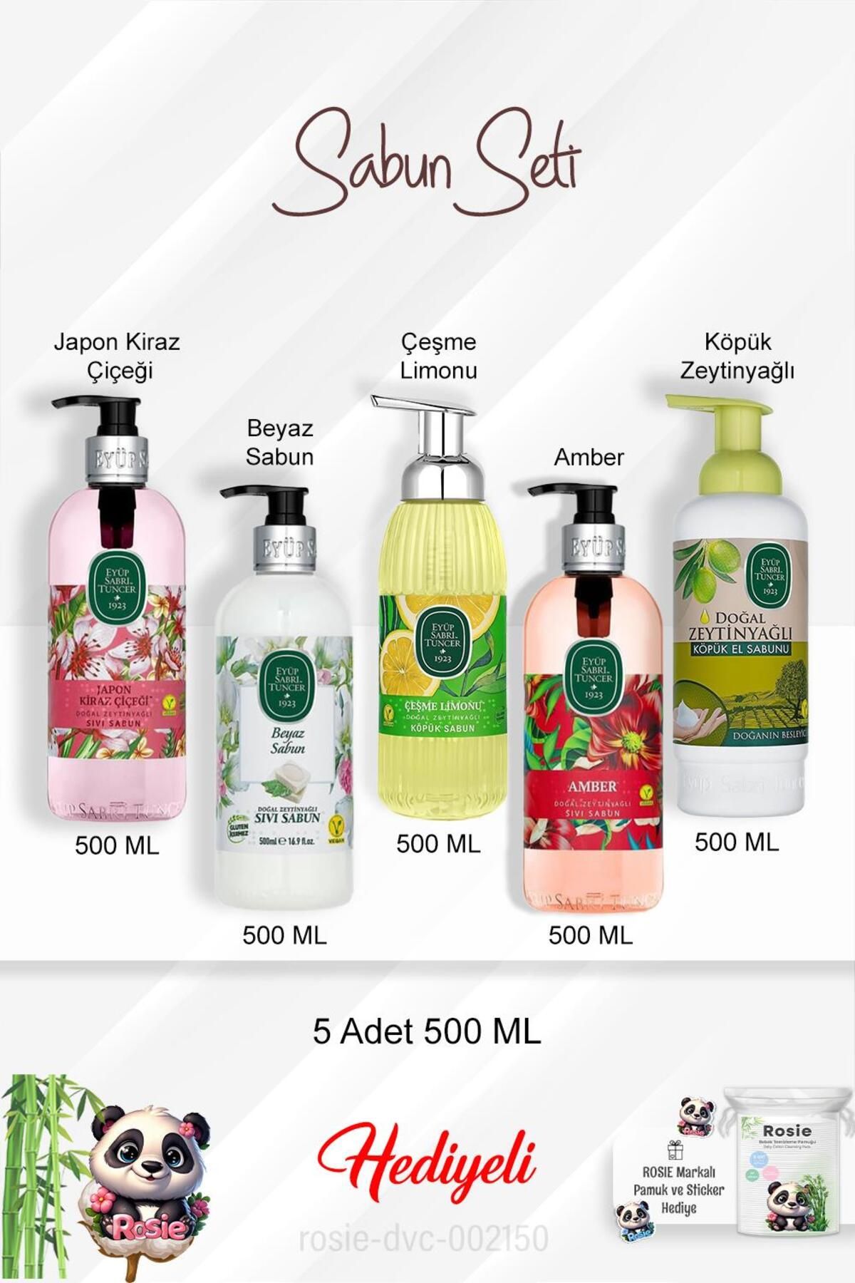 Eyüp Sabri Tuncer 500 ML Sabun Paket Amber, Zeytinyağlı, Beyaz Sabun, Çeşme Limonu, Japon Kiraz Çiçeği ve Rosie