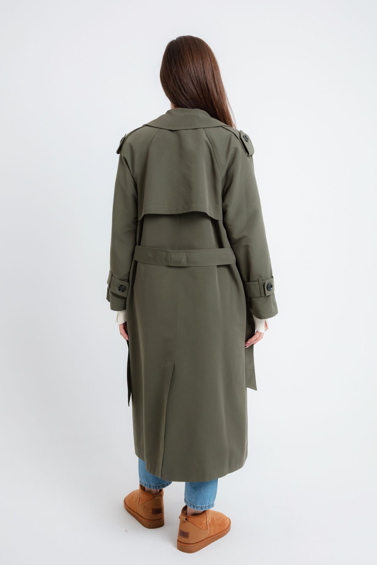 OFZE-Women's Khaki Belted Long Trench Coat 5