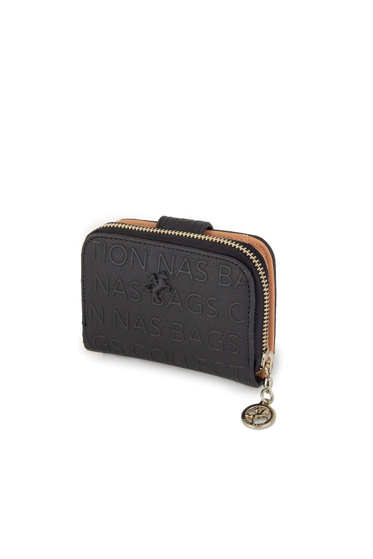 Çlk Accessories-2+2 compartimente pentru carduri Mic în relief imprimat cu fermoar Trc Wallet001-3 negru-camel 4