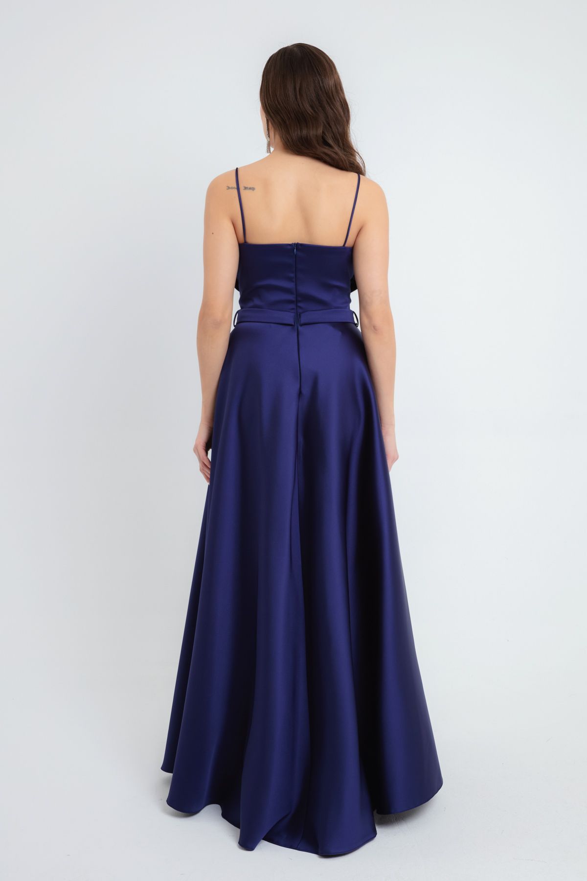 Lafaba-Marineblaues Sling-Midi-Abendkleid aus Satin für Damen 5