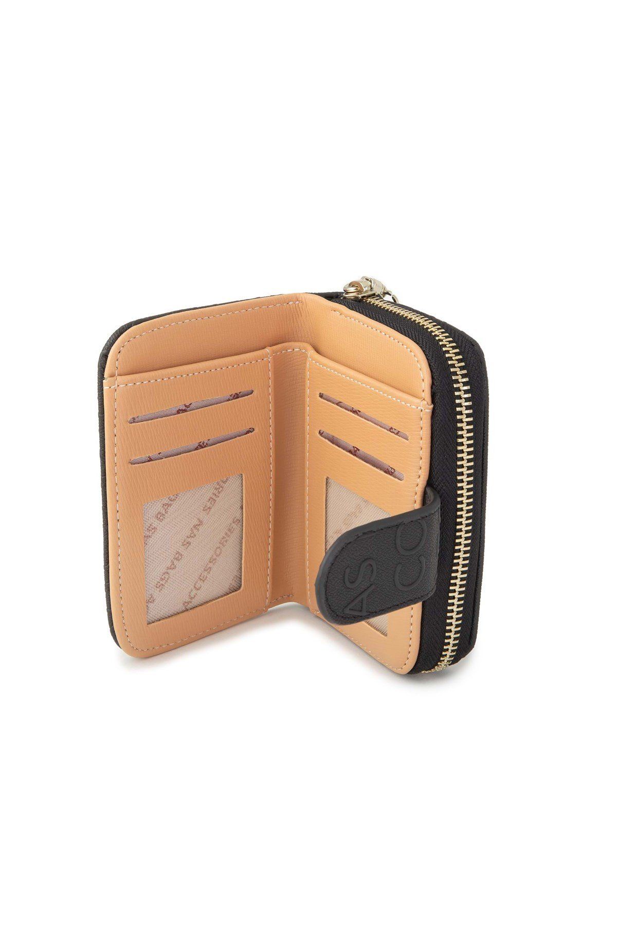 Çlk Accessories-2+2 compartimente pentru carduri Mic în relief imprimat cu fermoar Trc Wallet001-3 negru-camel 2