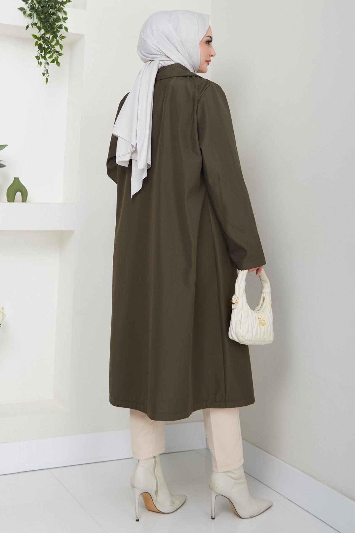 hafsamina-Khaki Plus Size Trench Coat - Hm2637 5