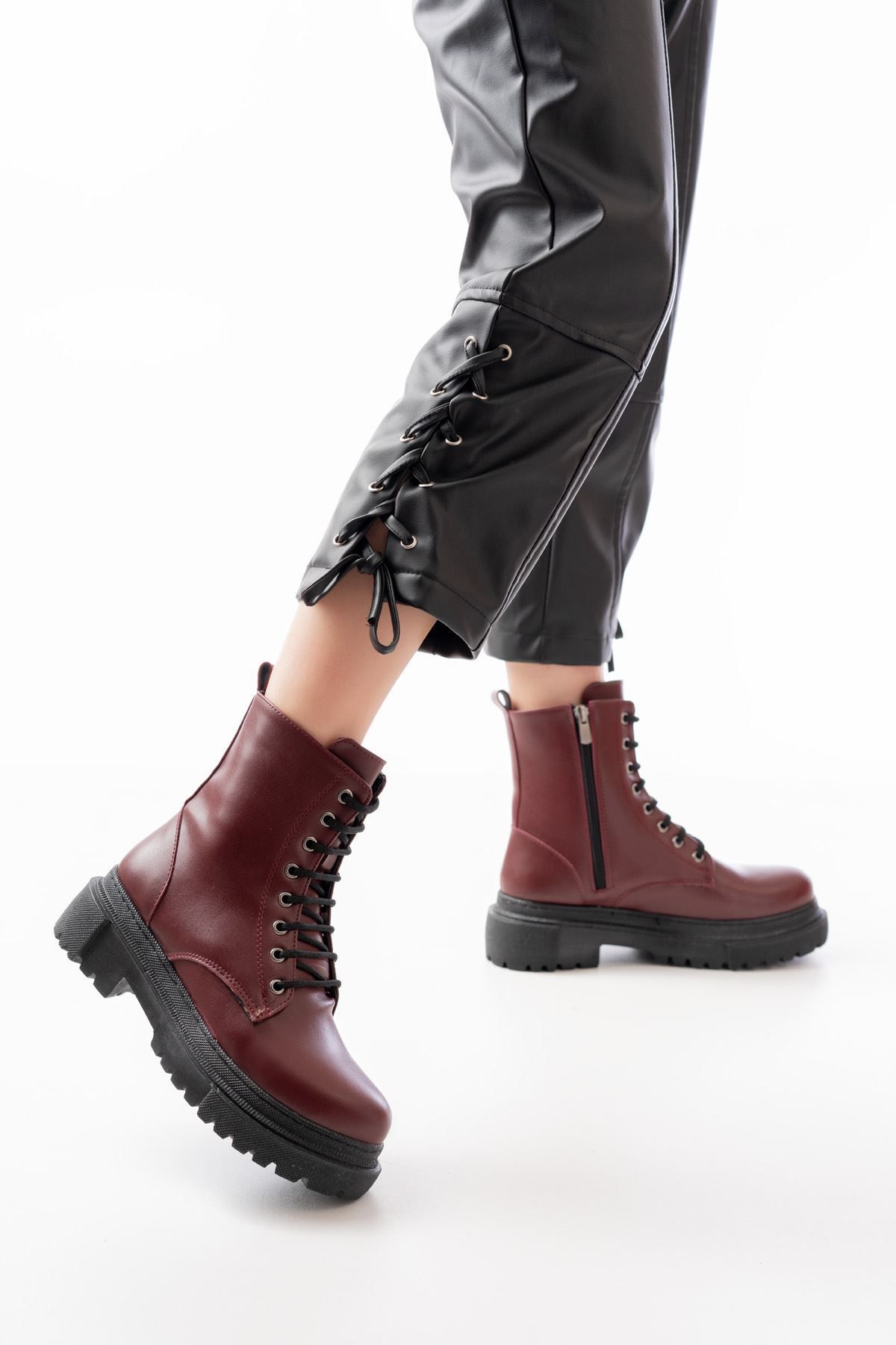 ASFSTORE 812-356 Bordo Bağcıklı Fermuarlı Günlük Kadın Bot