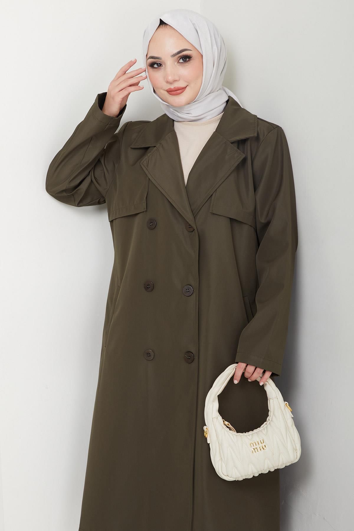 hafsamina-Khaki Plus Size Trench Coat - Hm2637 3