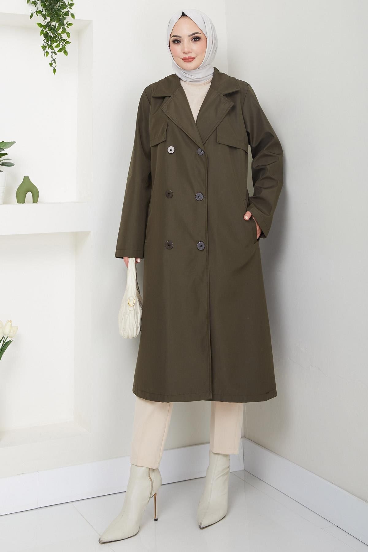 hafsamina-Khaki Plus Size Trench Coat - Hm2637 1