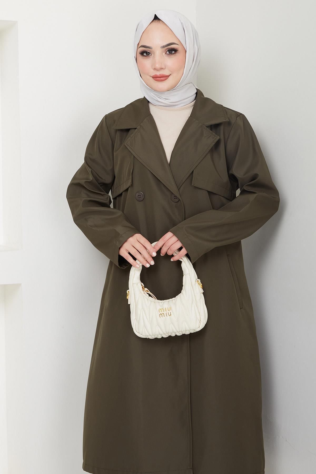 hafsamina-Khaki Plus Size Trench Coat - Hm2637 6