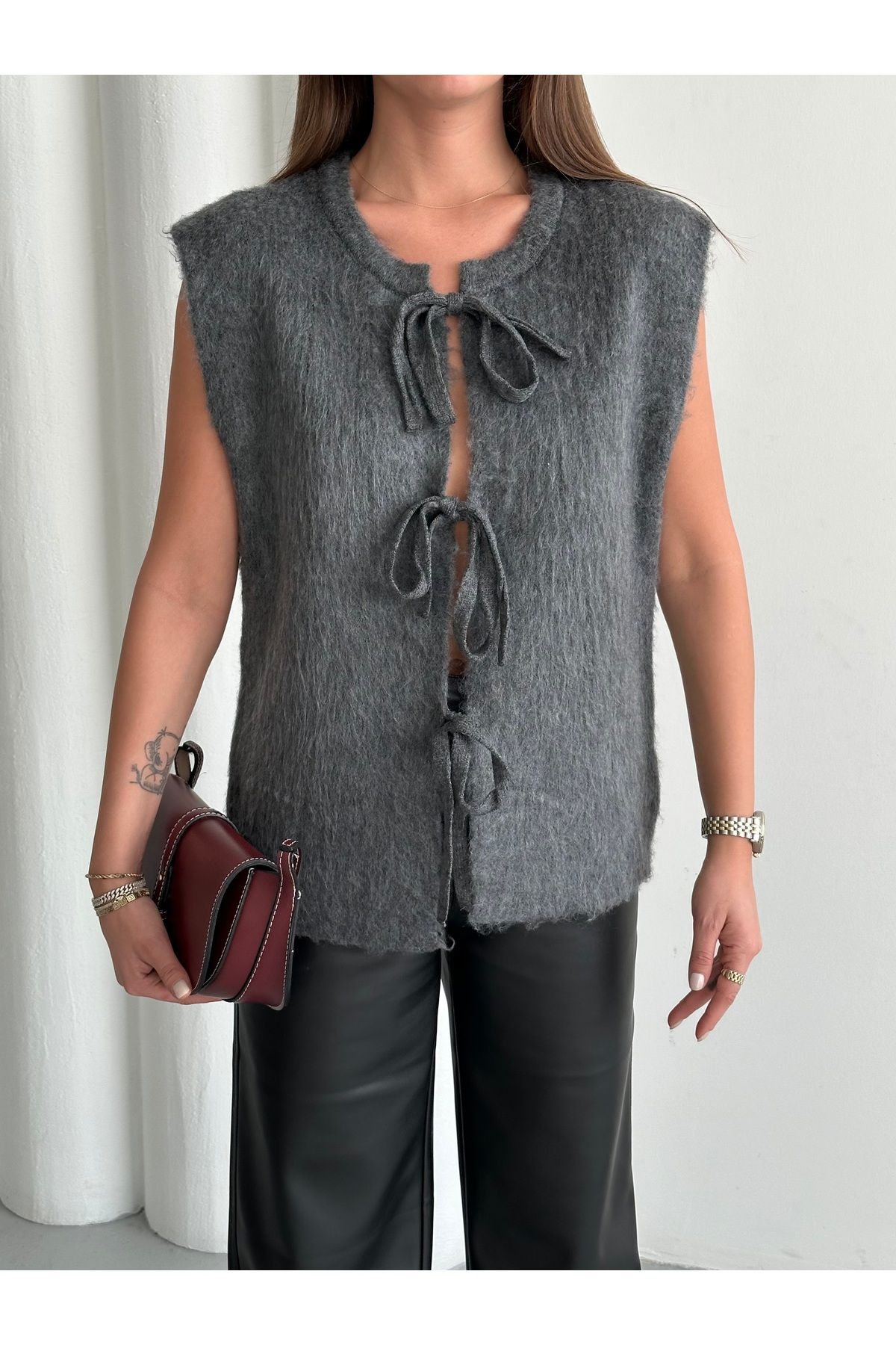 Laluvia-Anthracite Front Tie Wool Vest - 4629 2