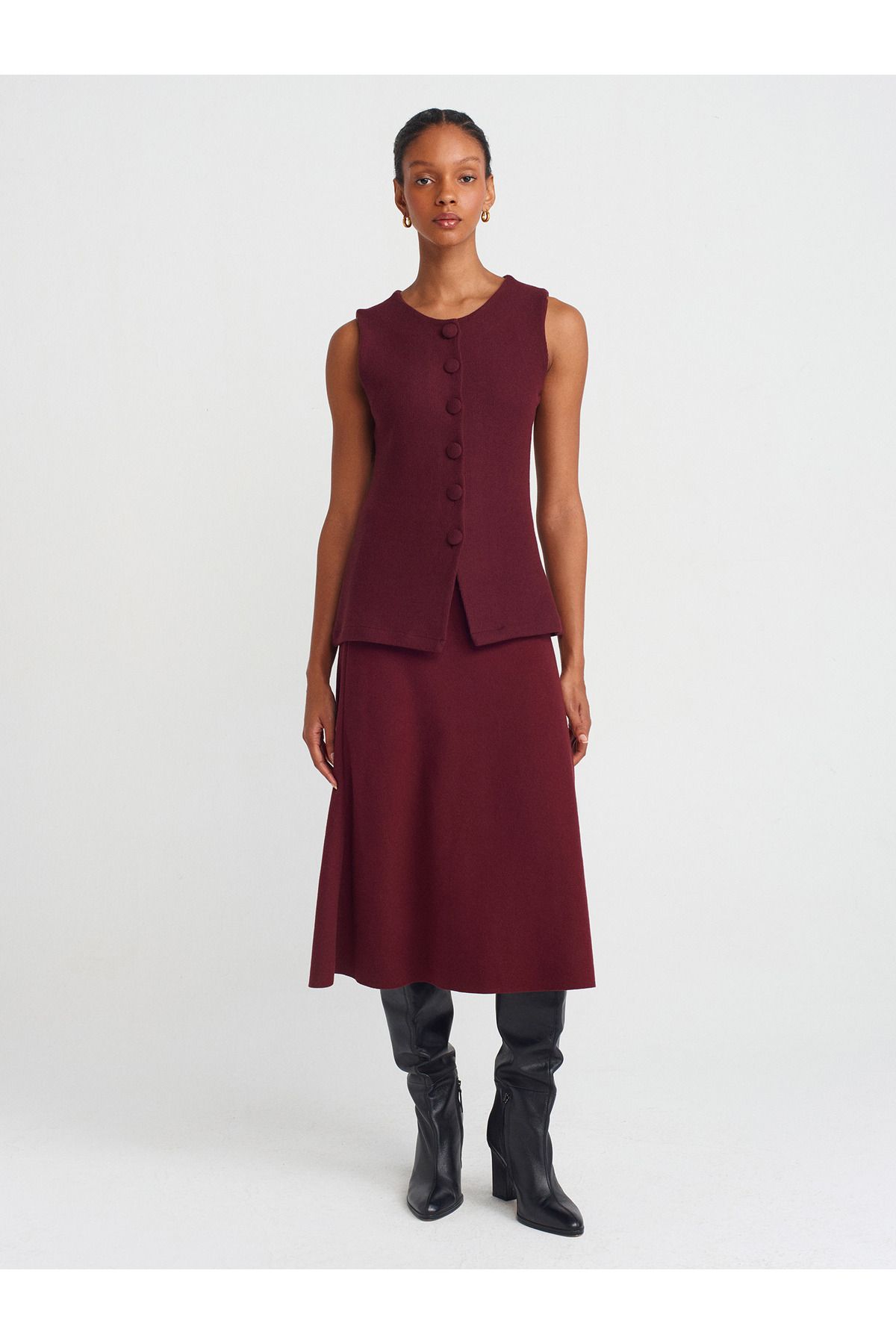 Dilvin-65484 Thessaloniki Buttoned Vest-Claret Red 3