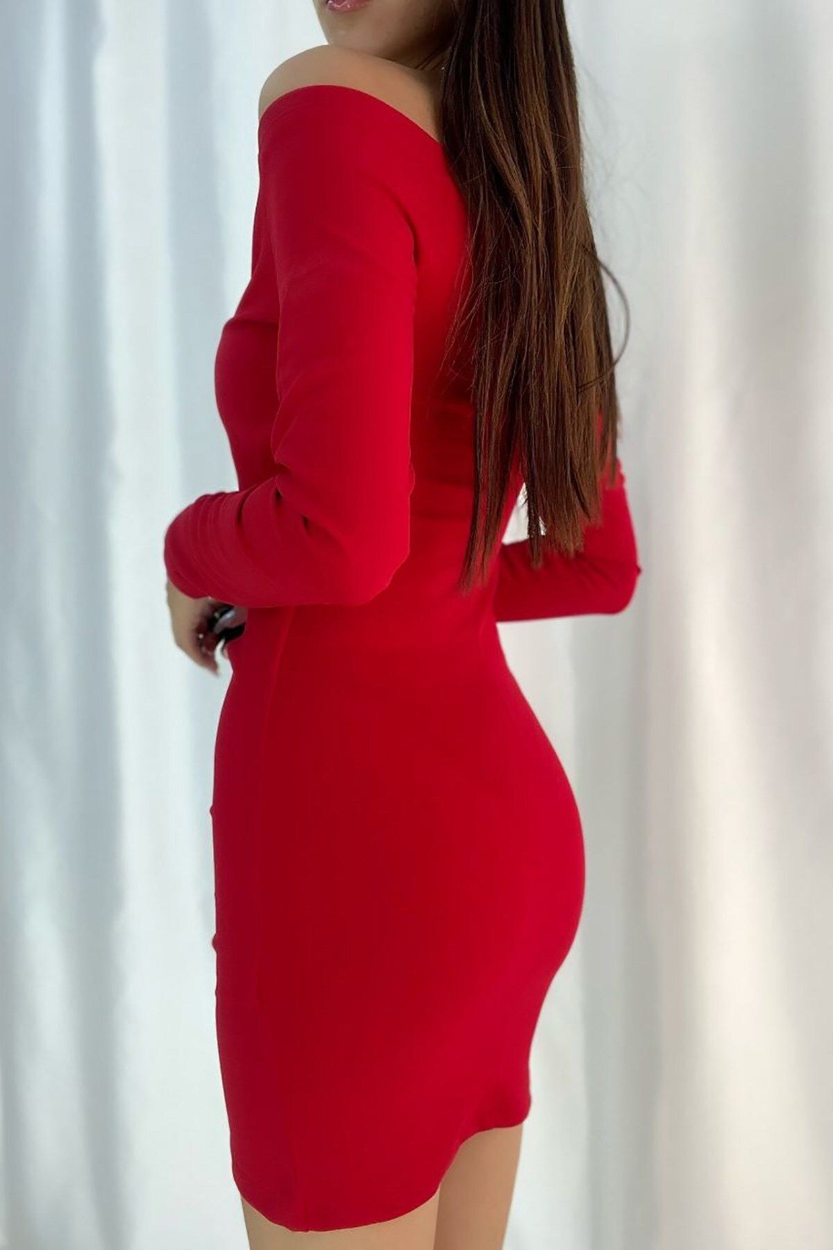 Deafox-Rotes Kleid aus importiertem Kreppstoff mit zweireihigem Kragen und langen Ärmeln 2