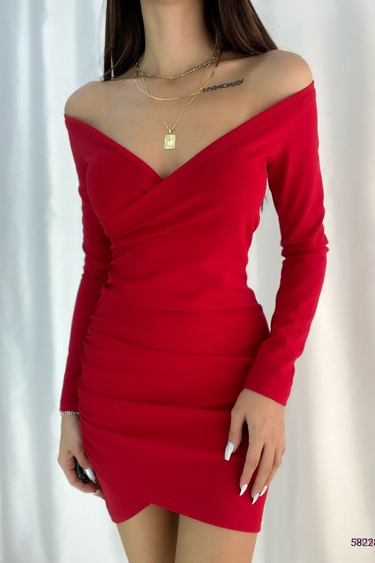Deafox-Rotes Kleid aus importiertem Kreppstoff mit zweireihigem Kragen und langen Ärmeln 1
