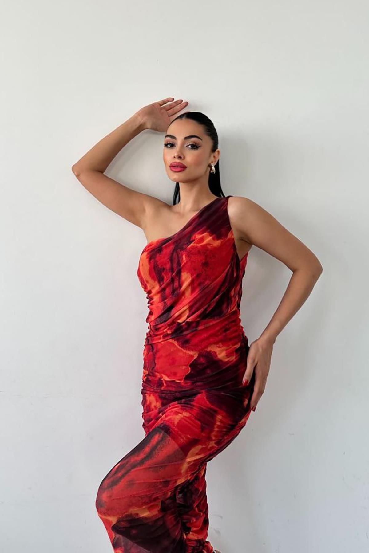Deafox-One Shoulder Red Patterned Draped Midi Dress 7