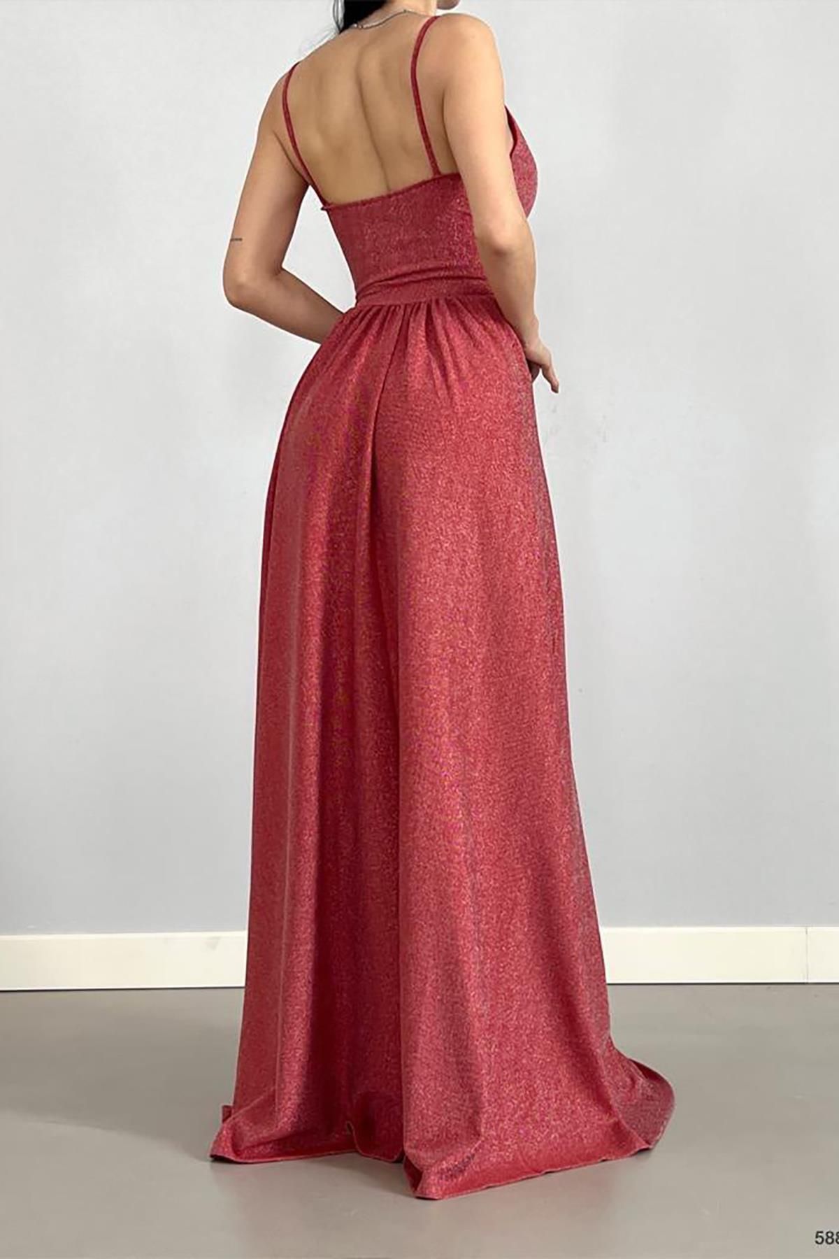 Deafox-Hellrotes langes Abendkleid mit zweireihigem Kragen und Glitzerstoff 5