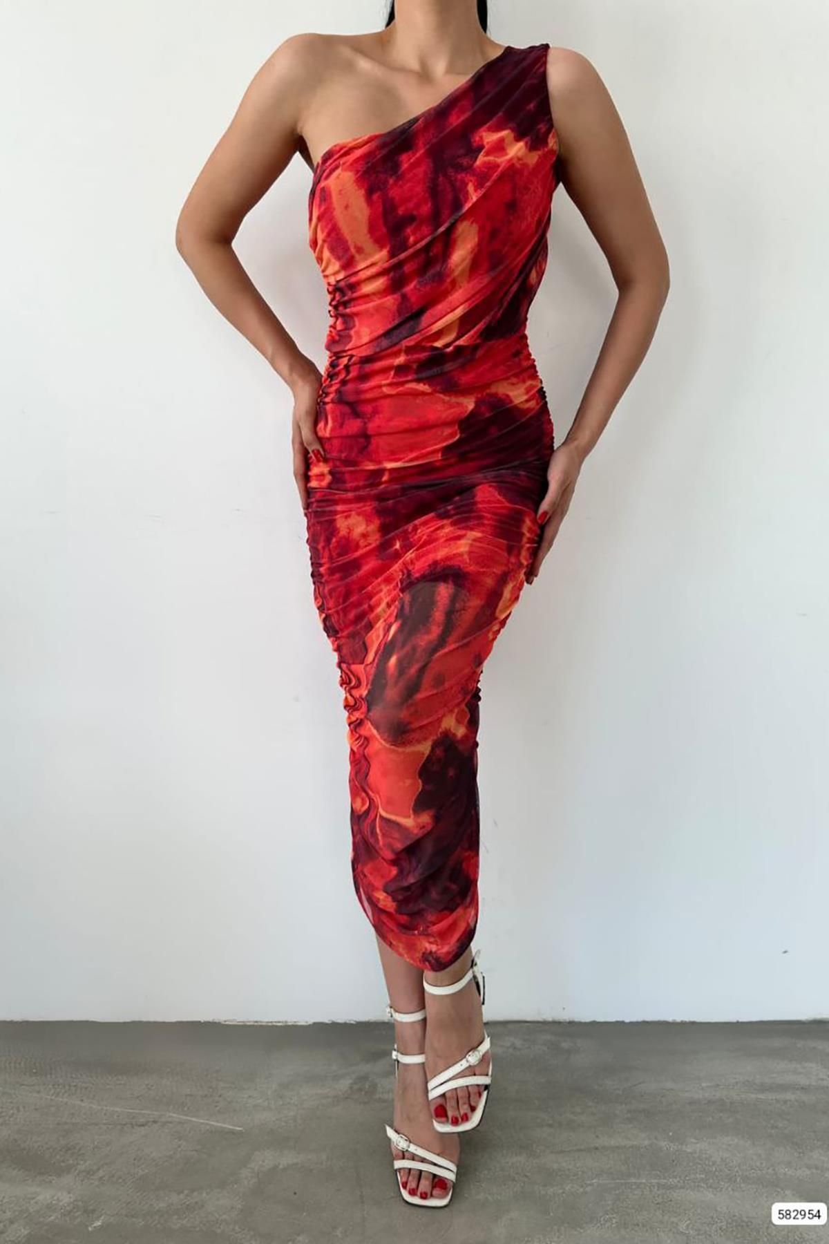 Deafox-One Shoulder Red Patterned Draped Midi Dress 2