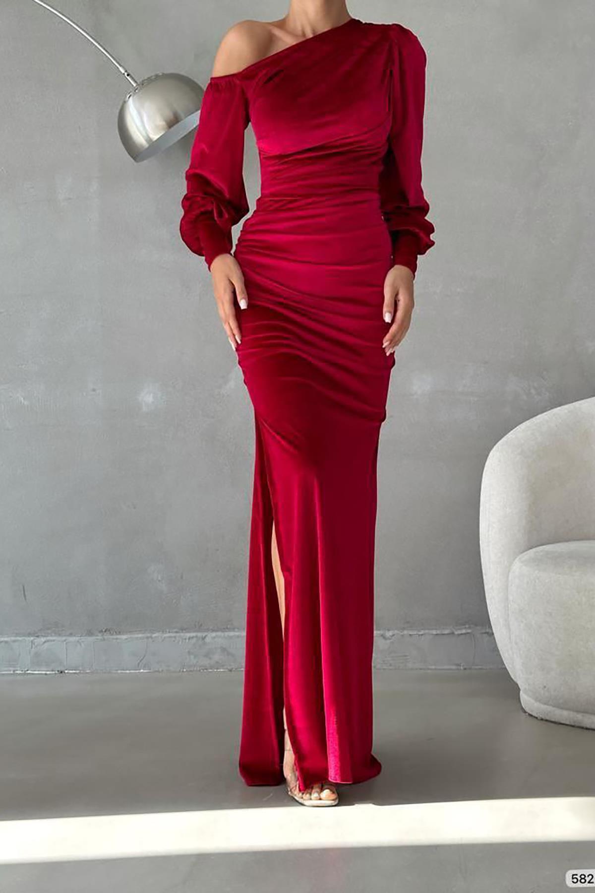 Deafox Bordó egy váll nyitott részletek bársony szövet Maxi Length hosszú ujjú ruha