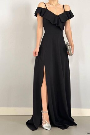 deafox Siyah Yaka Volanlı Krep Kumaş Uzun Abiye Elbise
