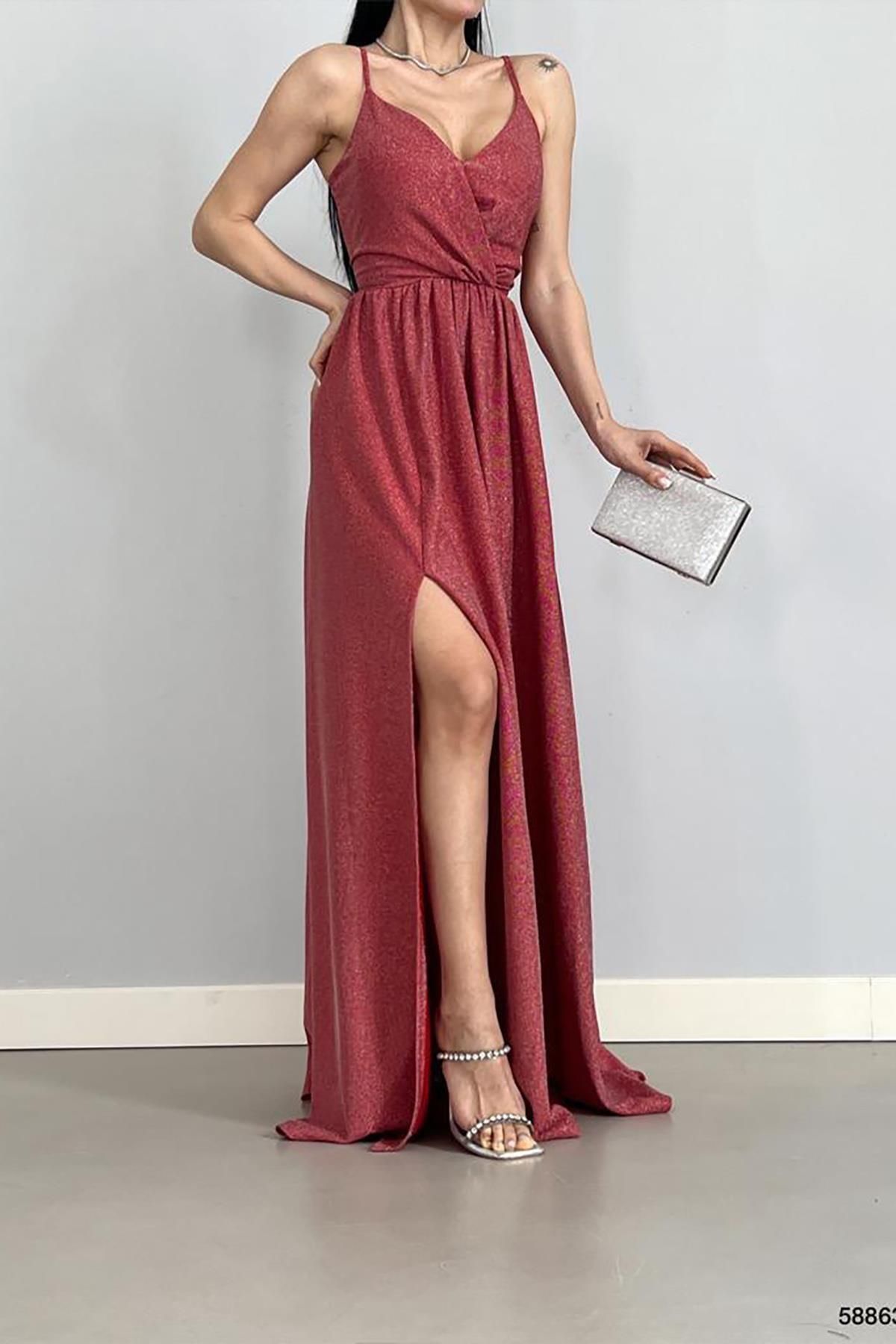 Deafox-Hellrotes langes Abendkleid mit zweireihigem Kragen und Glitzerstoff 6