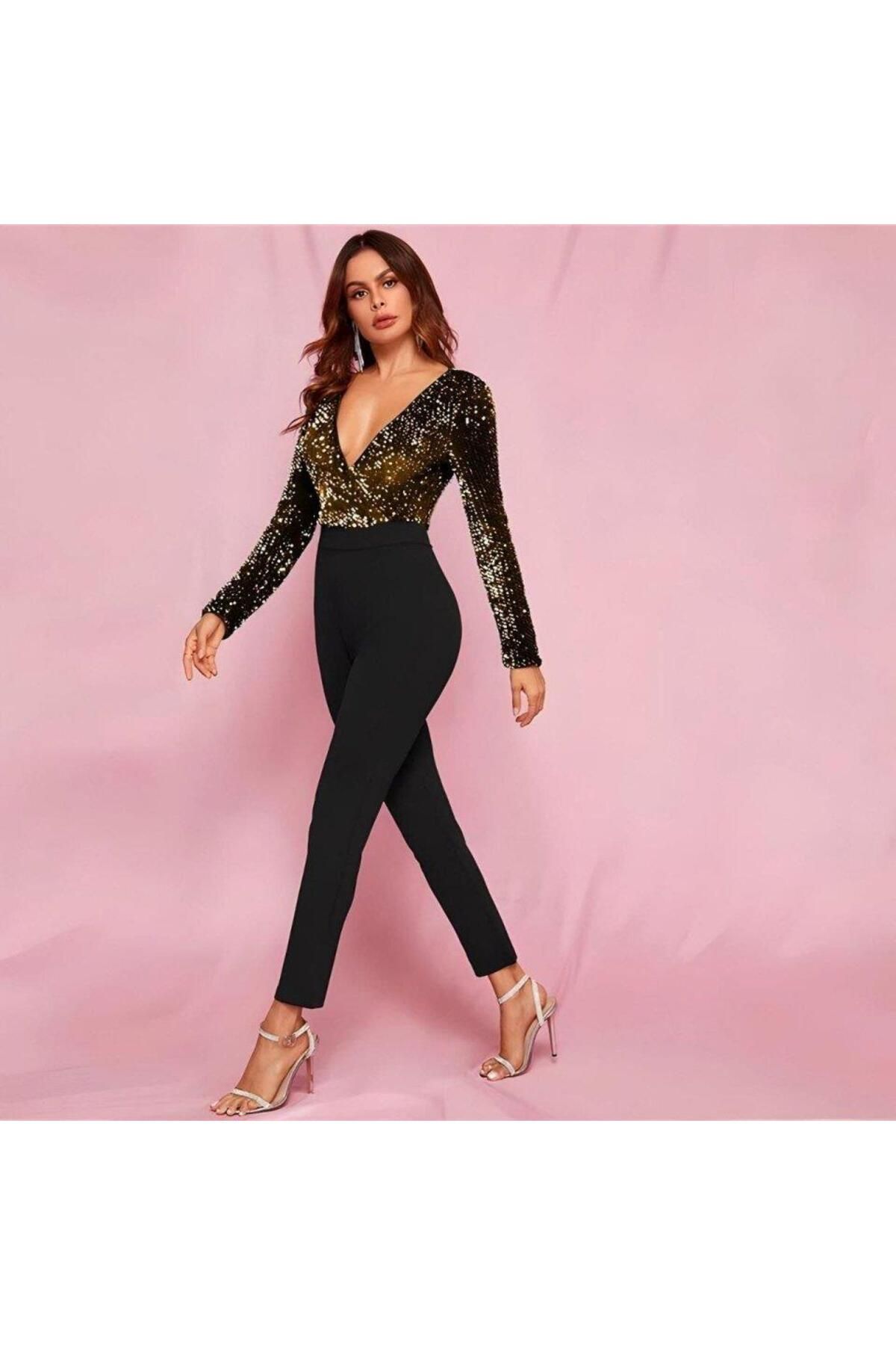 doremodam-Women's Top V-Neck Velvet Sequins Sequins Detail Bottom Submersible Cloth Pants Jumpsuit 2