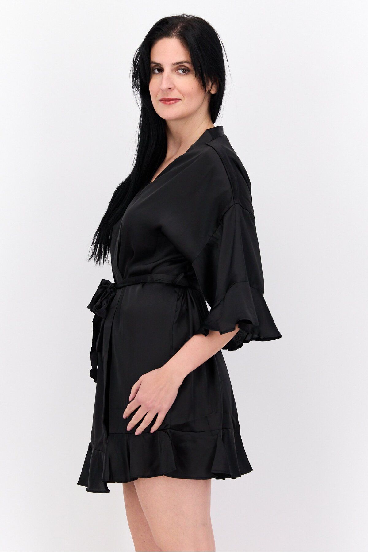 Brave Soul-Women Plain Short Sleeves Belted Robe, Black 3