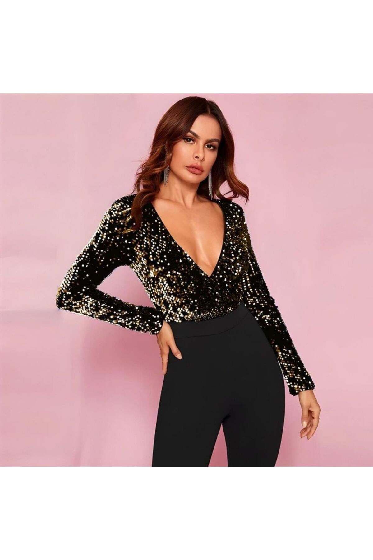 doremodam-Women's Top V-Neck Velvet Sequins Sequins Detail Bottom Submersible Cloth Pants Jumpsuit 1