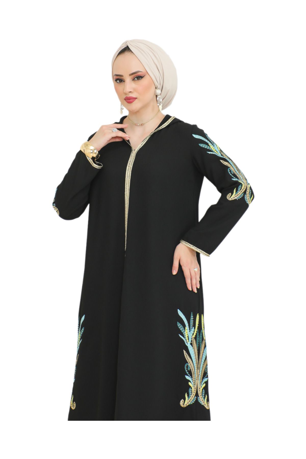 İSTANBUL GÜL-Istanbul Rose Kapferace Hoodie Double Slit Stone Embroidery Crepe Fabric 1