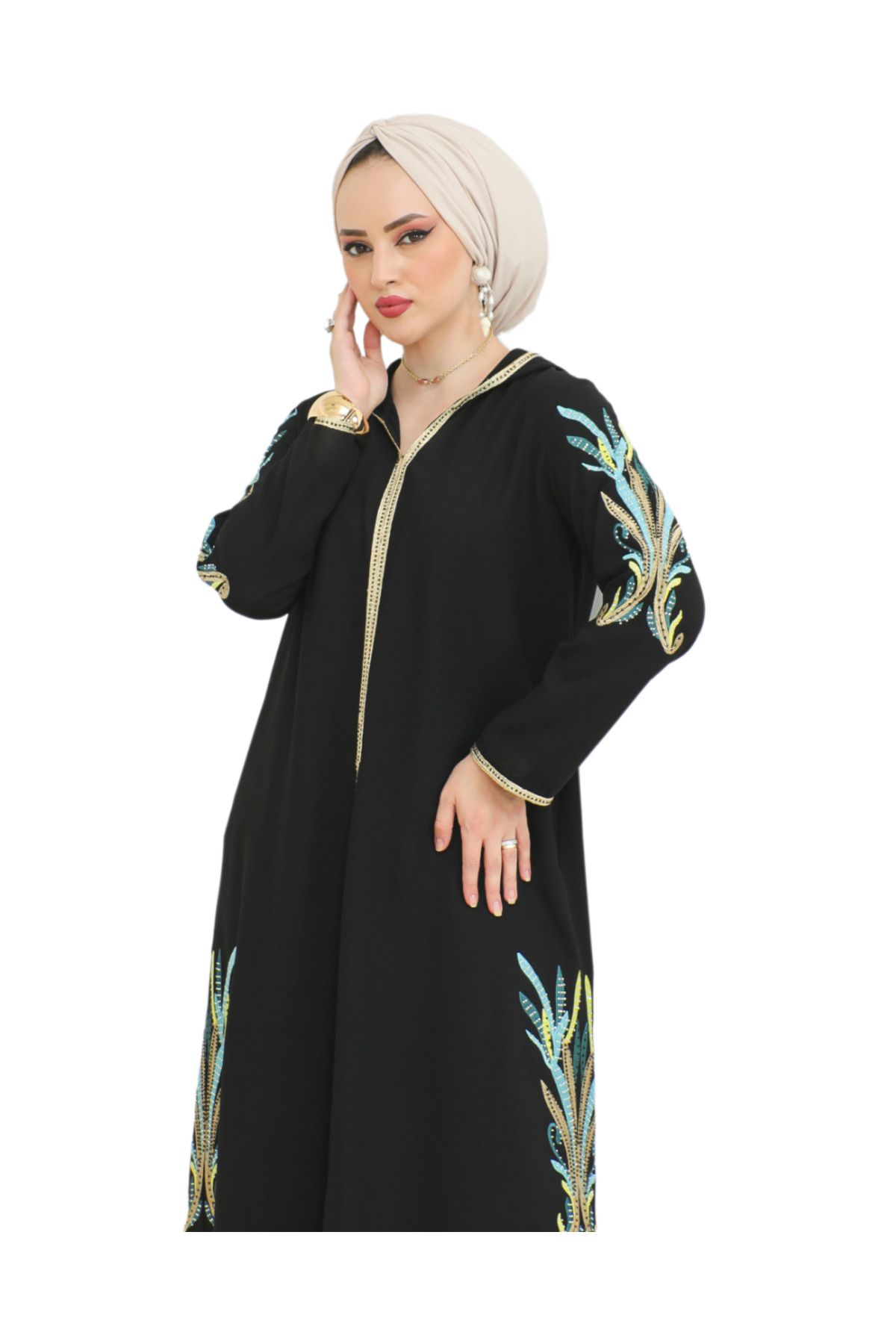 İSTANBUL GÜL-Istanbul Rose Kapferace Hoodie Double Slit Stone Embroidery Crepe Fabric 2