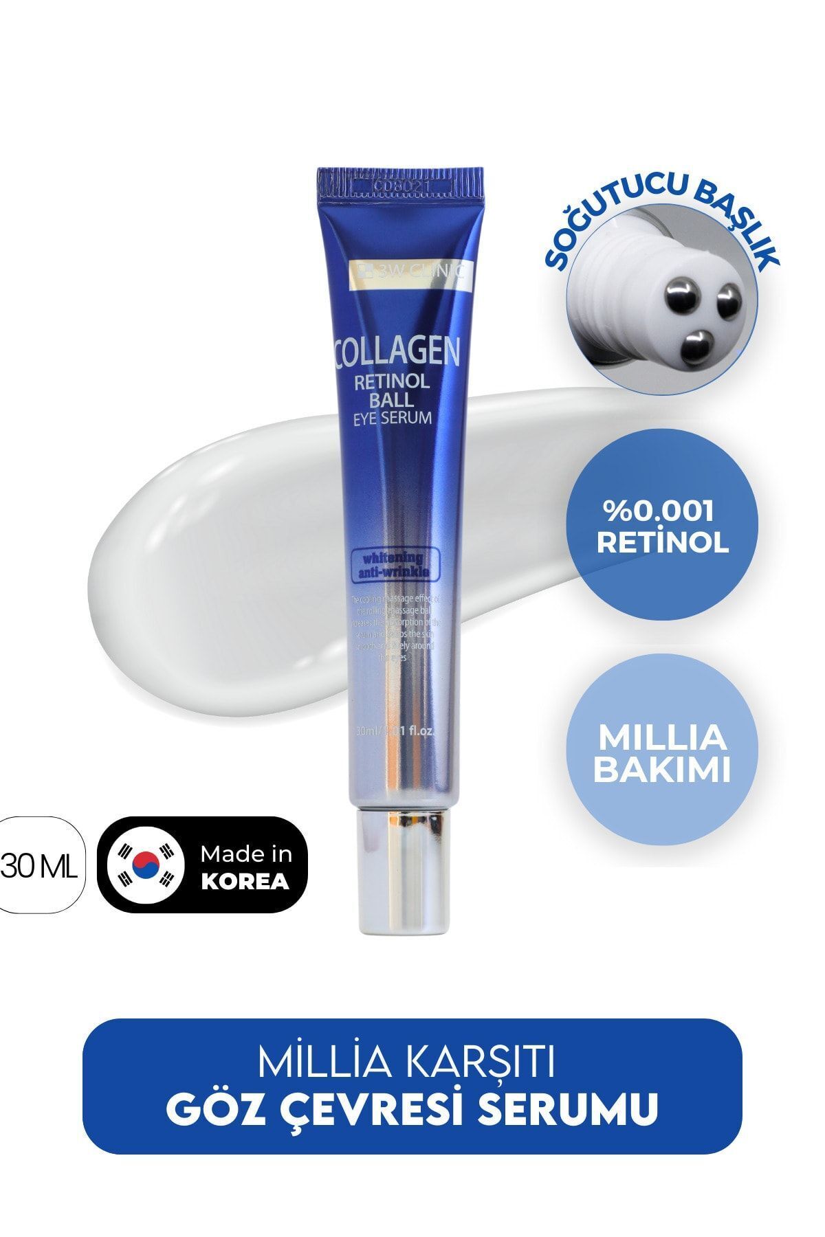Millia Yağ Bezesi Karşıtı Soğutucu başlık Retinol Göz Serumu 3W Clinic Collagen Retinol Eye Serum — 8809772621299 — تصویر 4 از 4