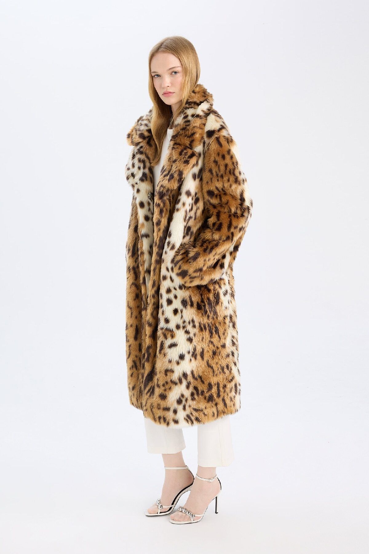 DeFacto-Relax Fit Leopard Print Jacket Collar Long Faux Fur Coat with Pockets D4005Ax24Wn 4