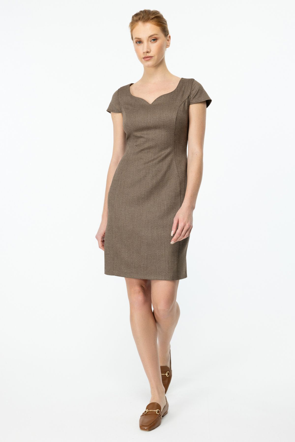 Ekol-Rochie midi pentru femei cu model în oase de pește - 5159 Cocoa 2