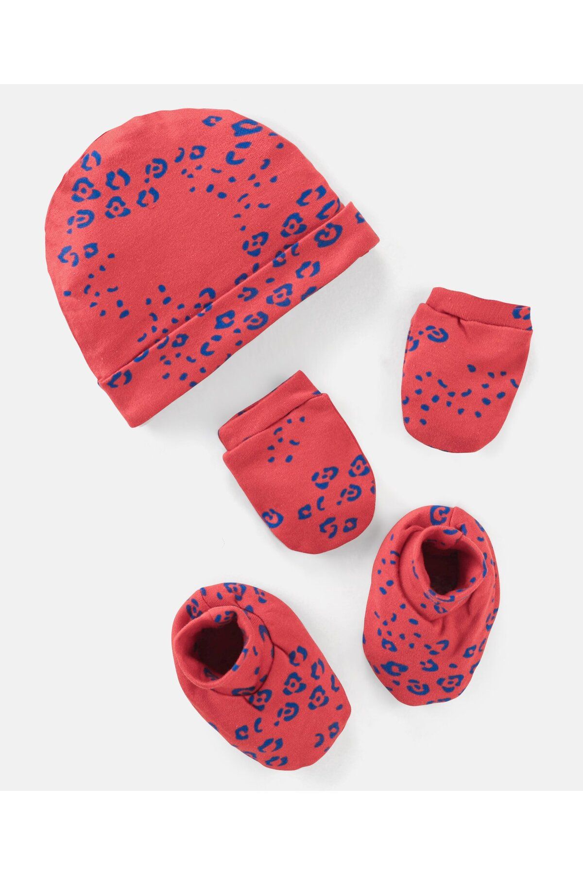Bonfino-100% Cotton Knit Cap Mittens & Booties Set Leopard Print Red - Diameter 11.5 cm 1