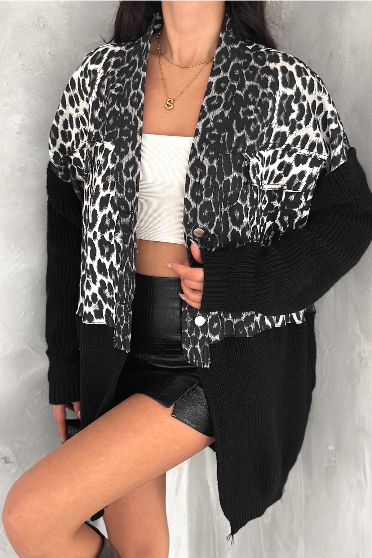 FEMELLE-Women's Black and White Leopard Pattern Standard Size Knitwear Detailed Design Oversize Denim Jacket 2