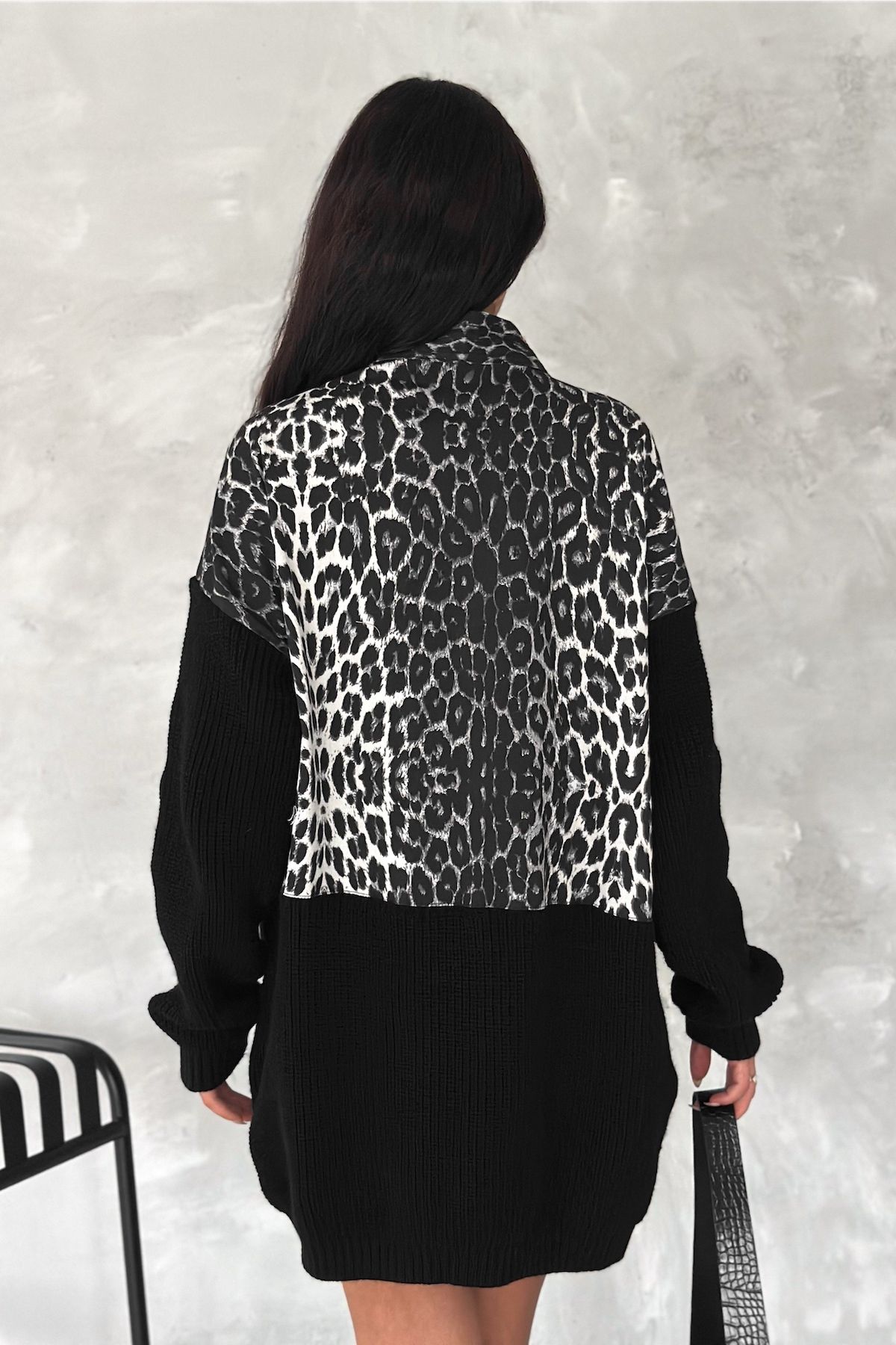 FEMELLE-Women's Black and White Leopard Pattern Standard Size Knitwear Detailed Design Oversize Denim Jacket 5