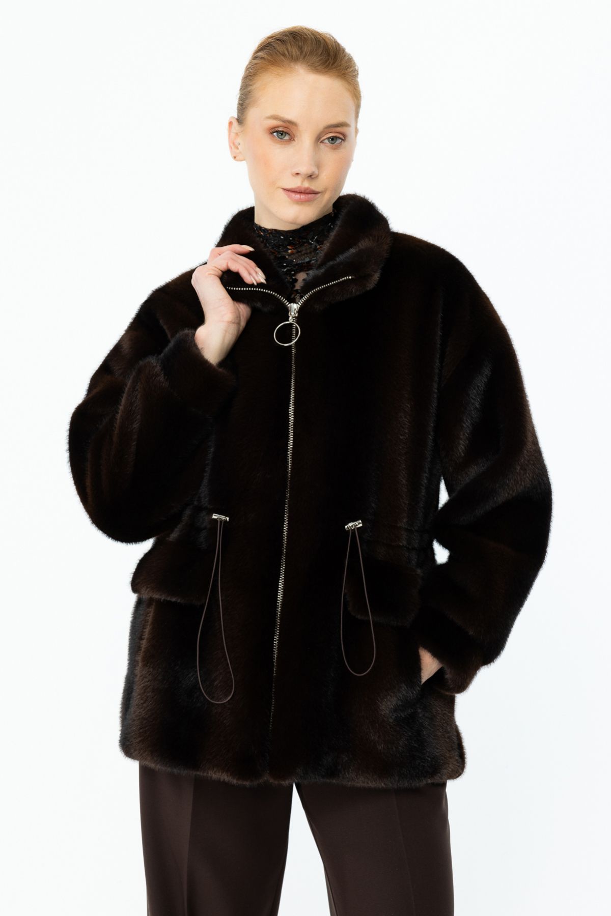 Ekol-Cocoa Color Zippered Plush Coat 2