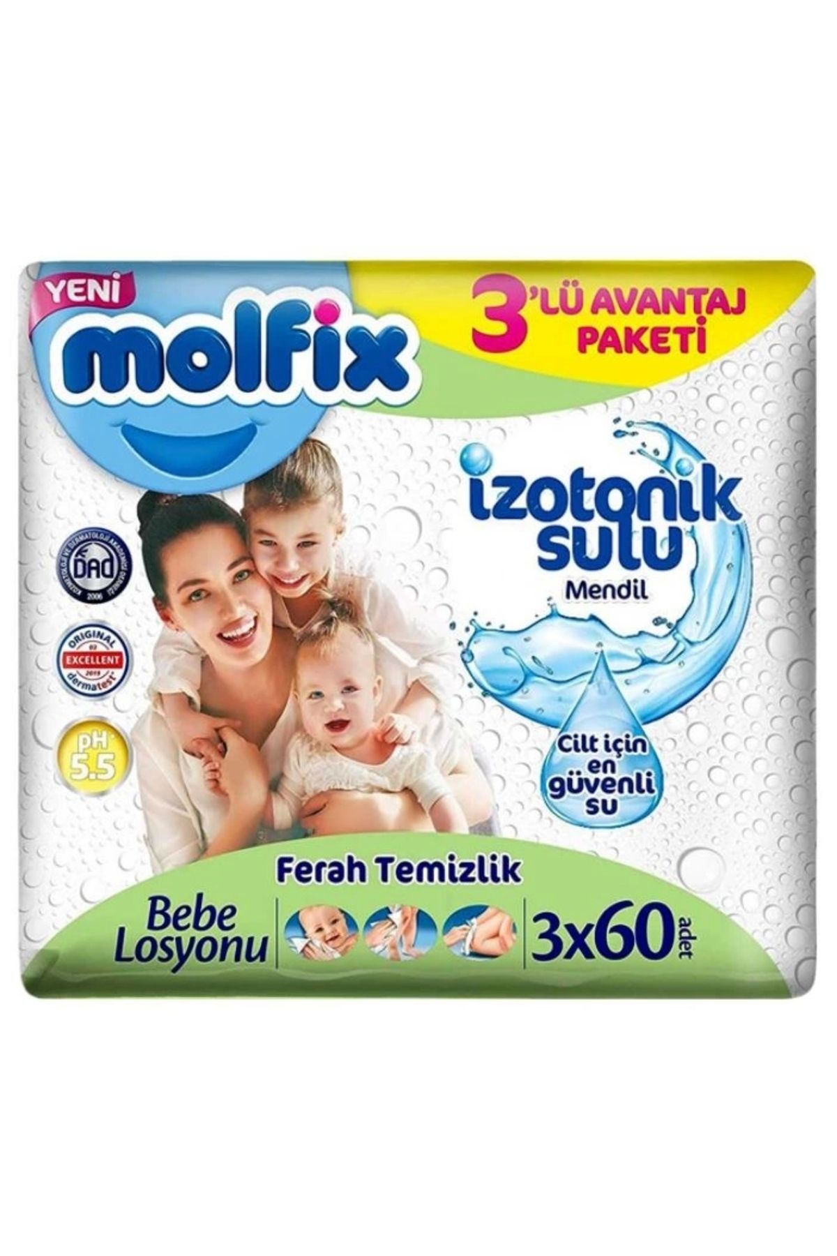 SYNOPE Çocuk Molfix İzotonik Sulu Ferah Temizlik Islak Havlu Mendil 3'Lü 180 Yaprak