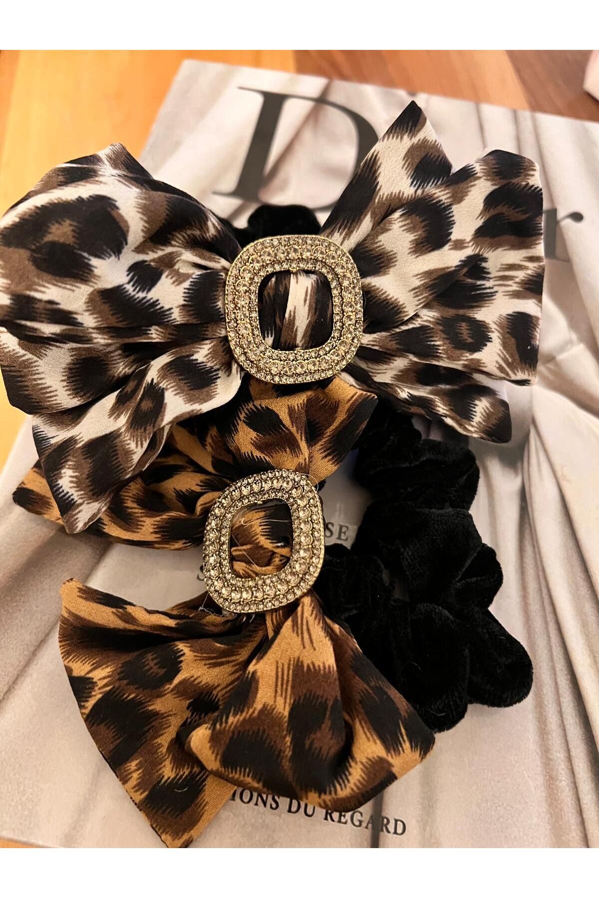 Rachel-Leopard Print Crystal Stone Bow Bagel Hair Clip 4