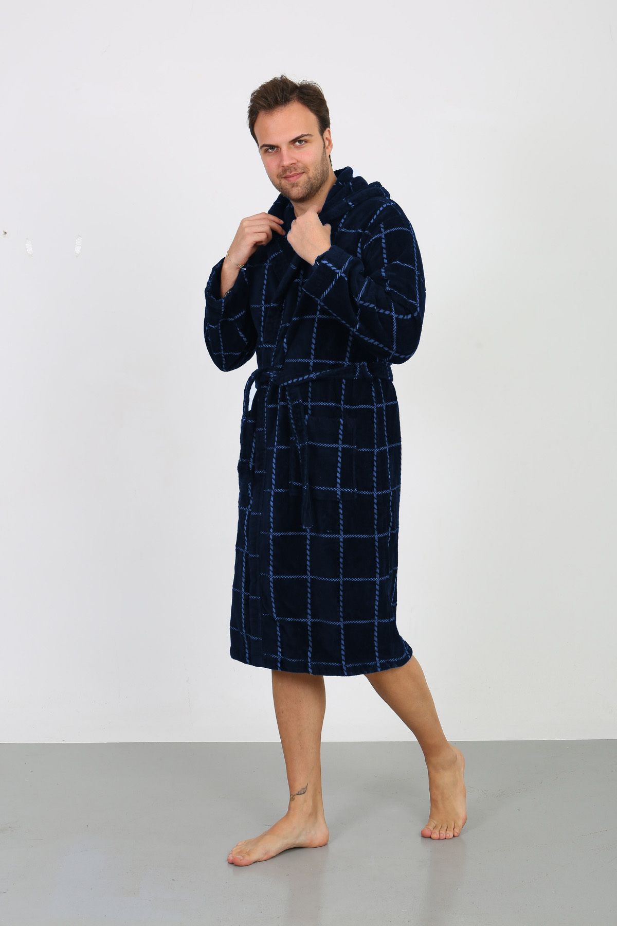 Homelover-Navy Blue Square Striped Hooded Ultra Luxury High Absorption Men's Bathrobe - 100% Cotton 1