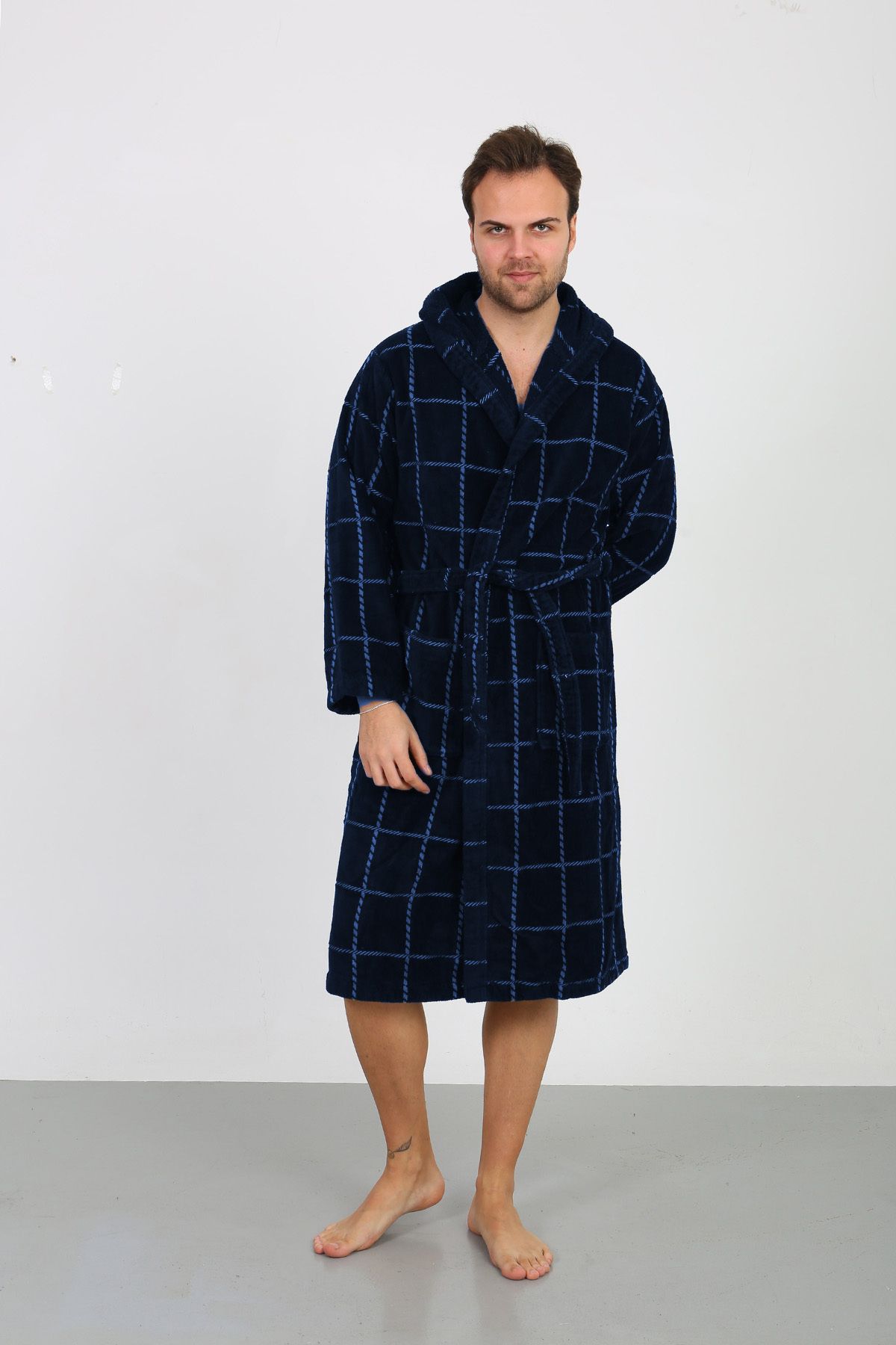 Homelover-Navy Blue Square Striped Hooded Ultra Luxury High Absorption Men's Bathrobe - 100% Cotton 4