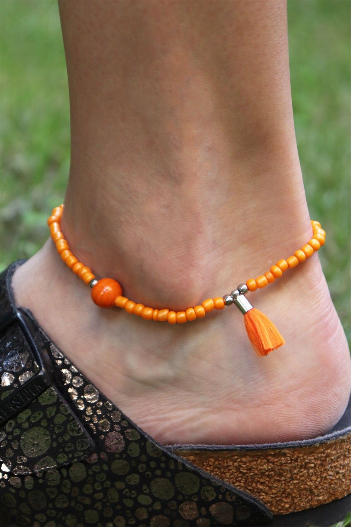 Sose Moda-Orange Tassel Detailed Bead Anklet 2