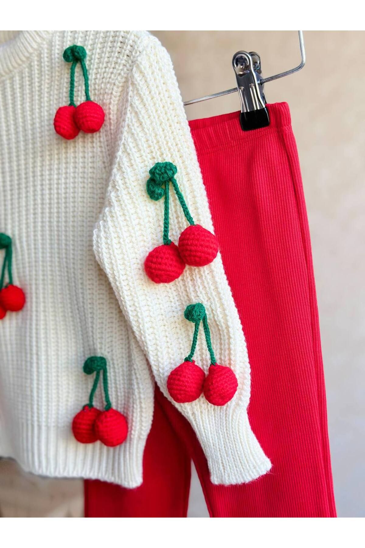 Lolliboomkids-Girl's Dangle Cherry Applique Knitwear Sweater Ribbed Leggings Bottom Top Set 2 Pieces 3