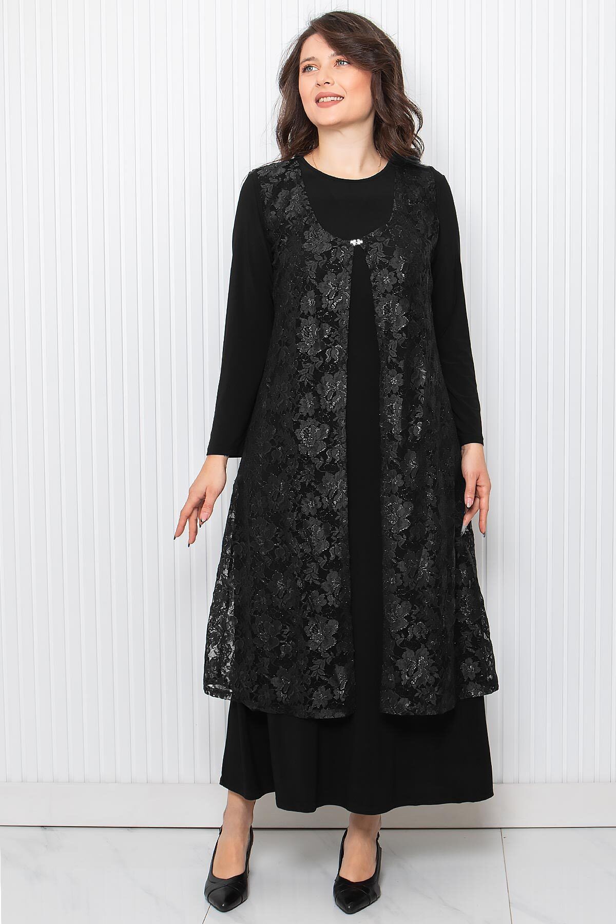 DENİMİNİ-Plus Size Hijab Evening Vest and Gown Set - Black Dnm3210 1