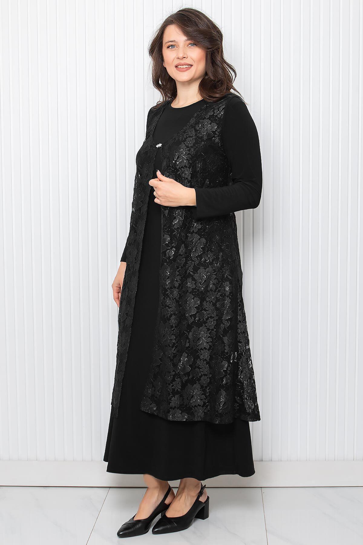 DENİMİNİ-Plus Size Hijab Evening Vest and Gown Set - Black Dnm3210 5