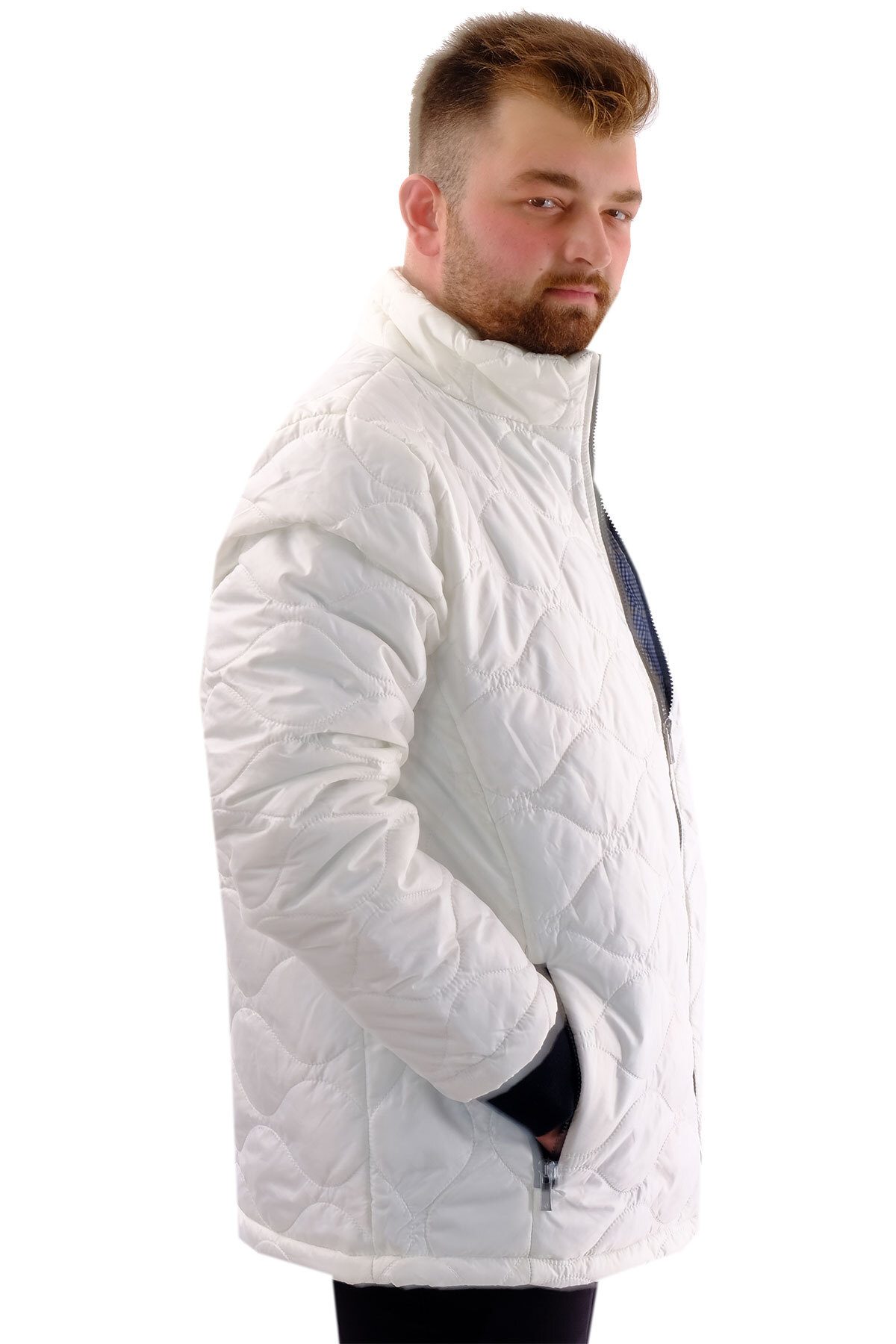 ModeXL Mode XL Erkek Büyük Beden Dik Yaka Ribanalı Kol Fermuarlı Mont U24611 Beyaz görsel 3