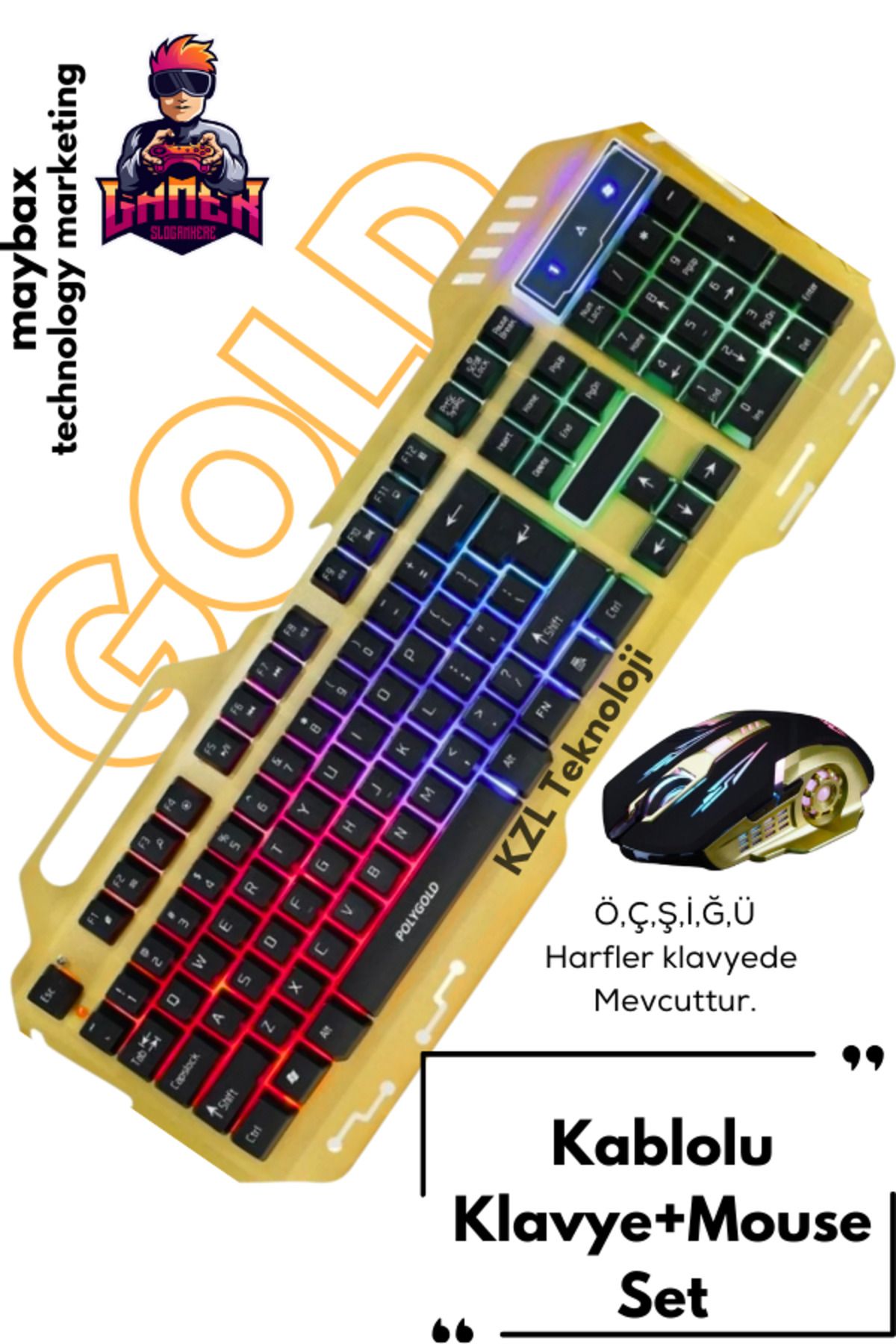 Maybax Kablolu RGB Işıklı Yüksek Hassasiyetli Klavye Mouse Set Gold Renk Telefon Tutucu Metal Kasa