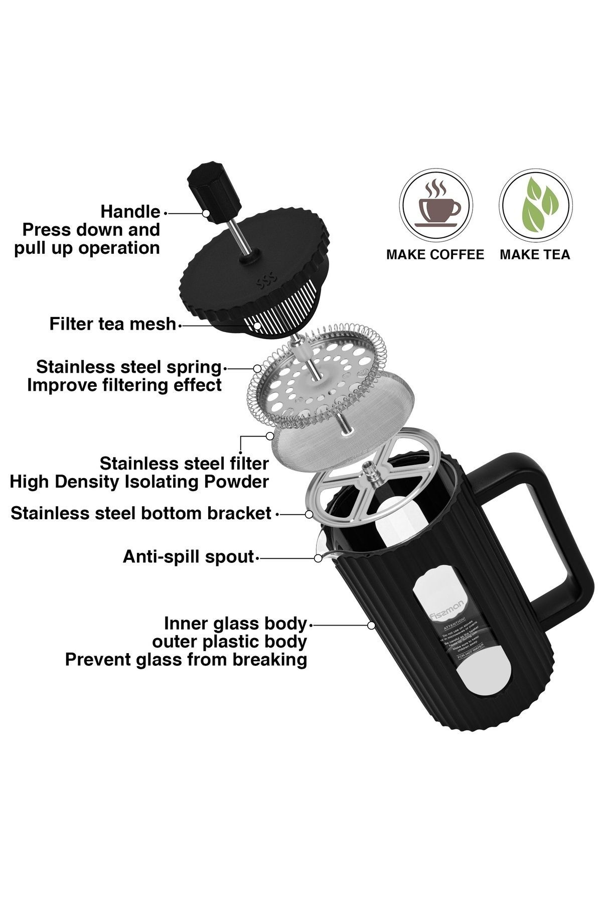 Fissman-French Press Coffee and Tea Maker 350mL, Thick Borosilicate Glass Black 4