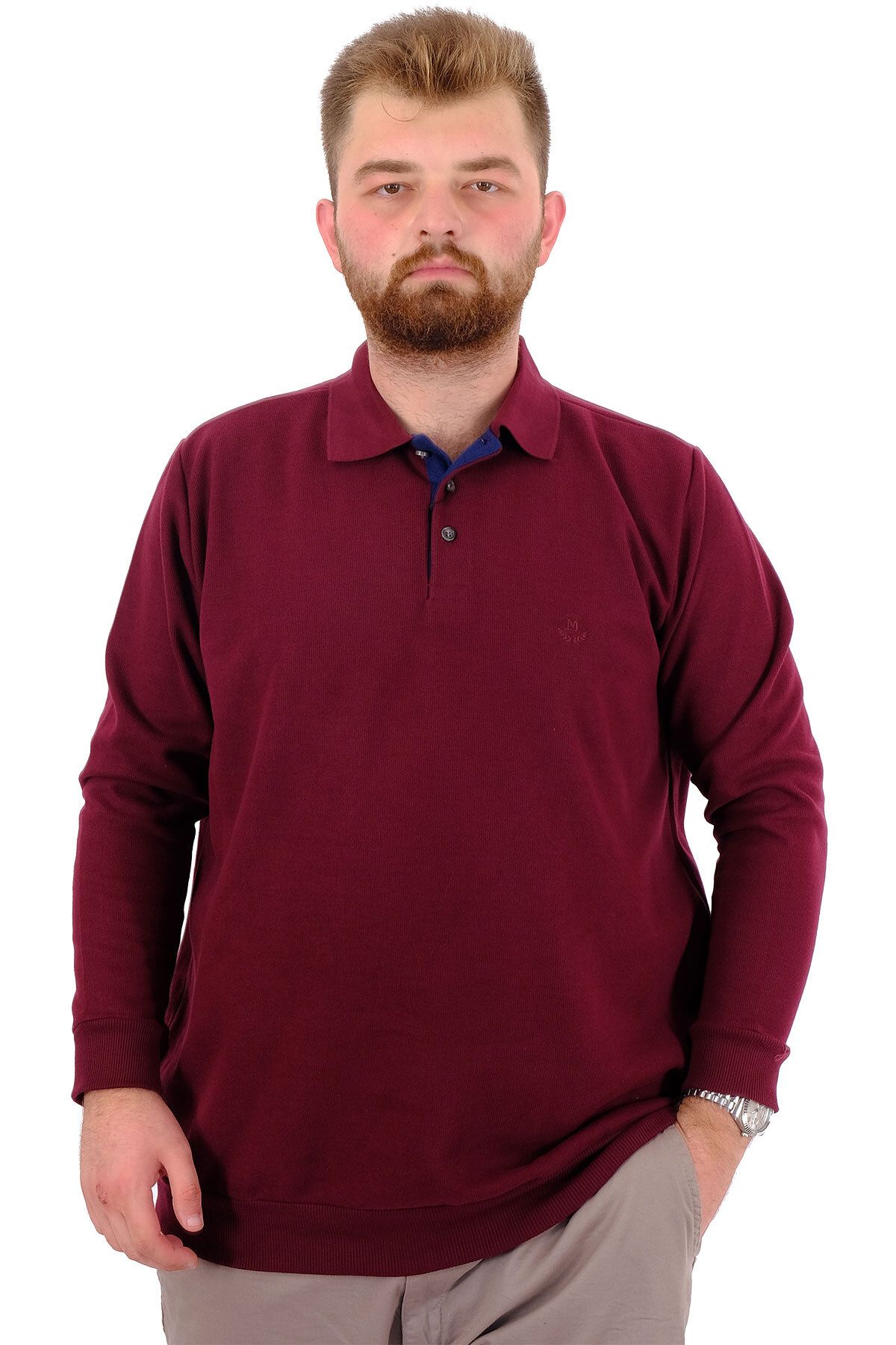 ModeXL-Plus Size Men's Polo Neck Embroidered Sweat - Plum 20440 1