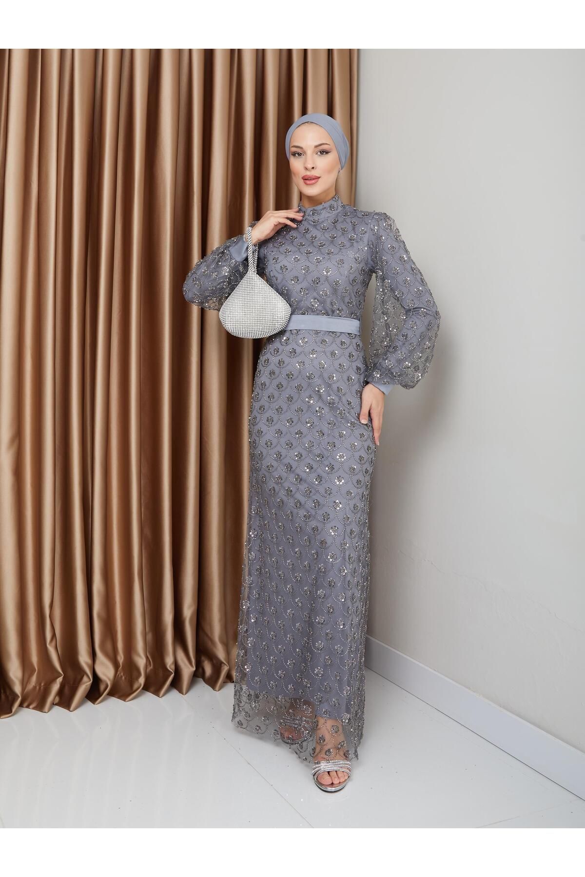 Olcay-Gray Sequined and Beaded Belted Hijab Evening Dress - 1229 4