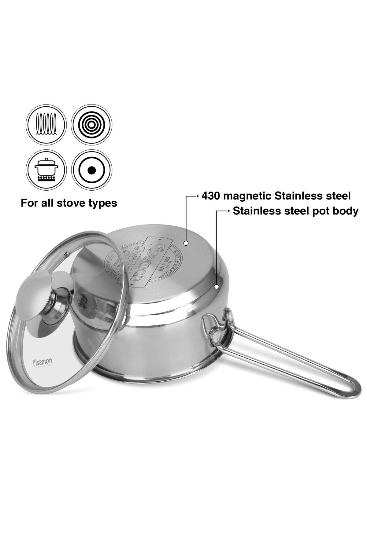 Fissman-Saucepan with Glass Lid 1.1L, Stainless Steel Saucepan 14x7.5cm, Induction Bottom 3