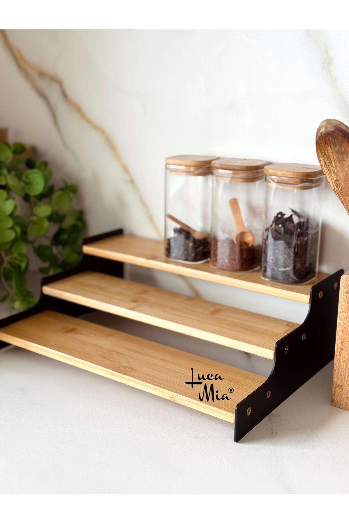 Luca Mia 3 Katlı Siyah Çerçeveli Bambu Merdiven Baharatlık Standı (24X11X8.5 CM)